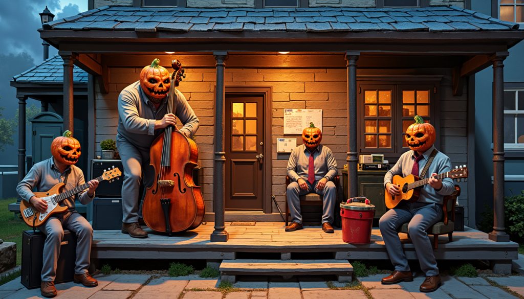 Spooky Porch Blues: A Haunting AI-Generated Image of Pumpkin-Headed Musicians That Screams Dark Folk Vibes